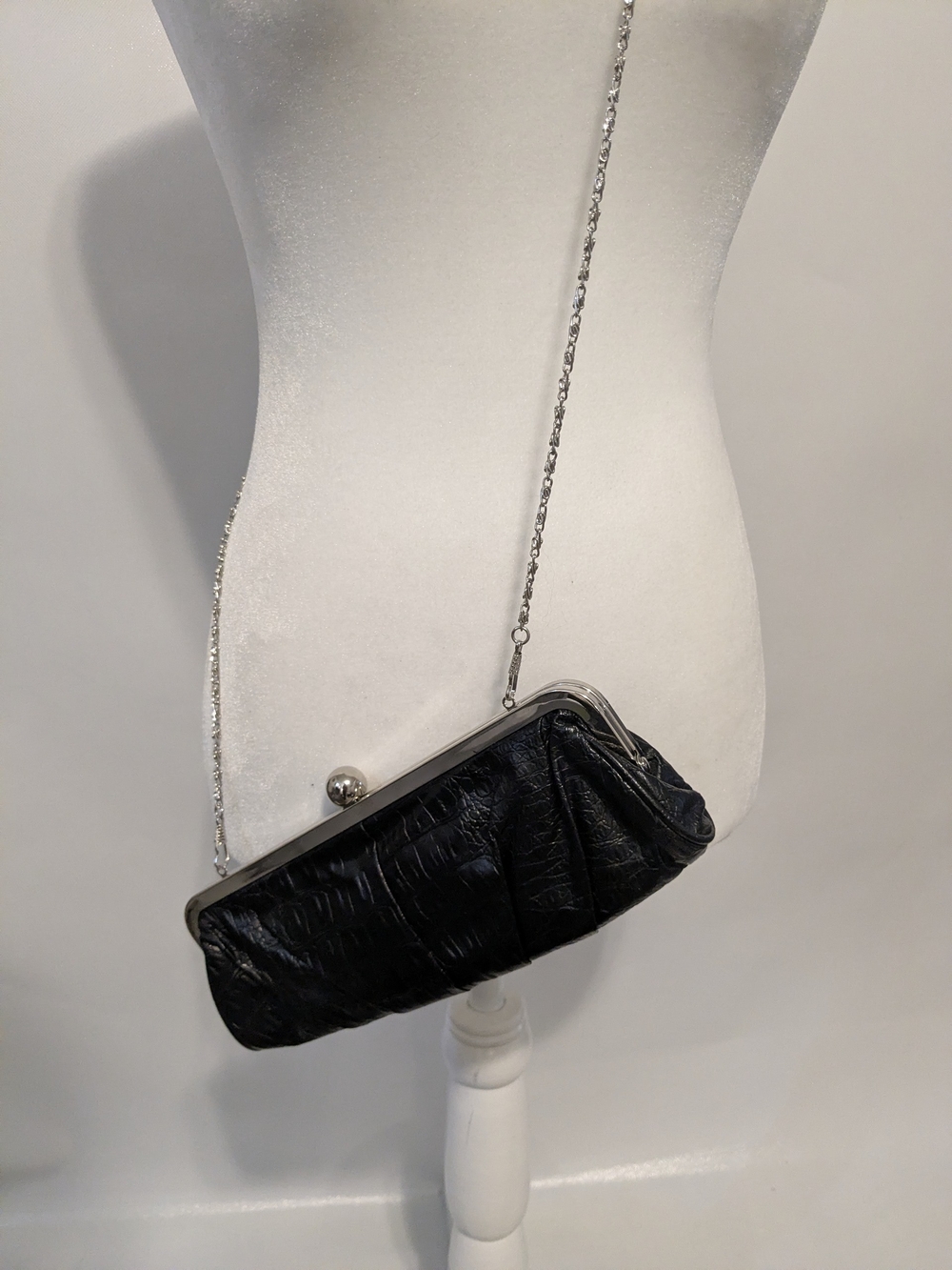 Black Textured Faux Leather Clutch with Silver Chain Strap